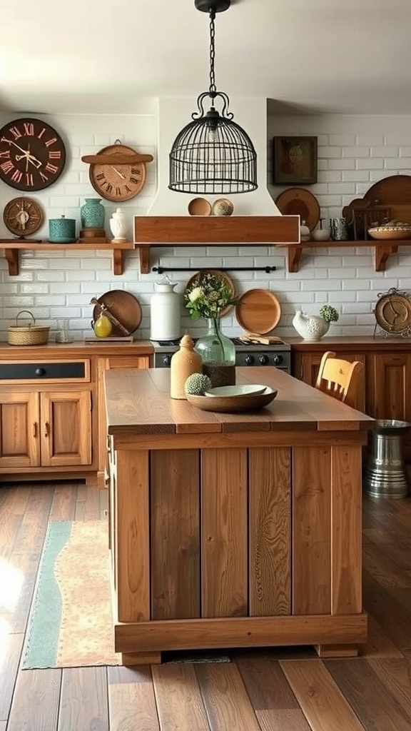 A rustic farmhouse style kitchen island made of wood with decorative items on shelves and a pendant light above.
