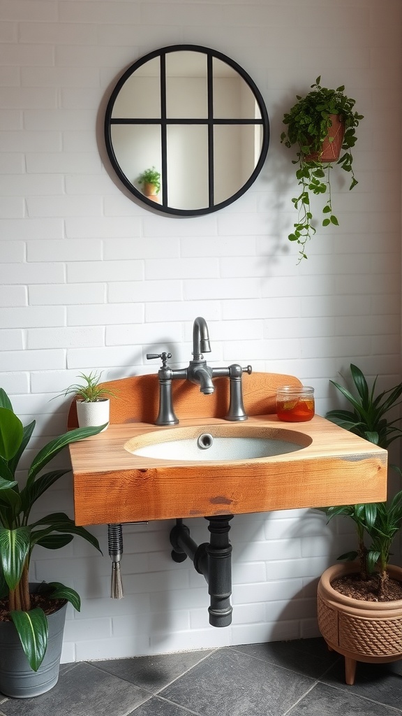 A rustic farmhouse sink made of wood with a black faucet, surrounded by potted plants and a round mirror on the wall.