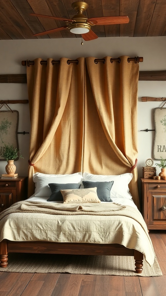 A cozy bedroom featuring a wooden bed with burlap curtains, wooden furniture, and soft bedding.