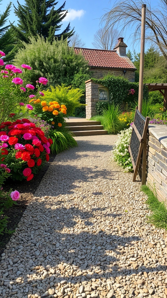 A rustic gravel pathway lined with colorful flowers leading to a house