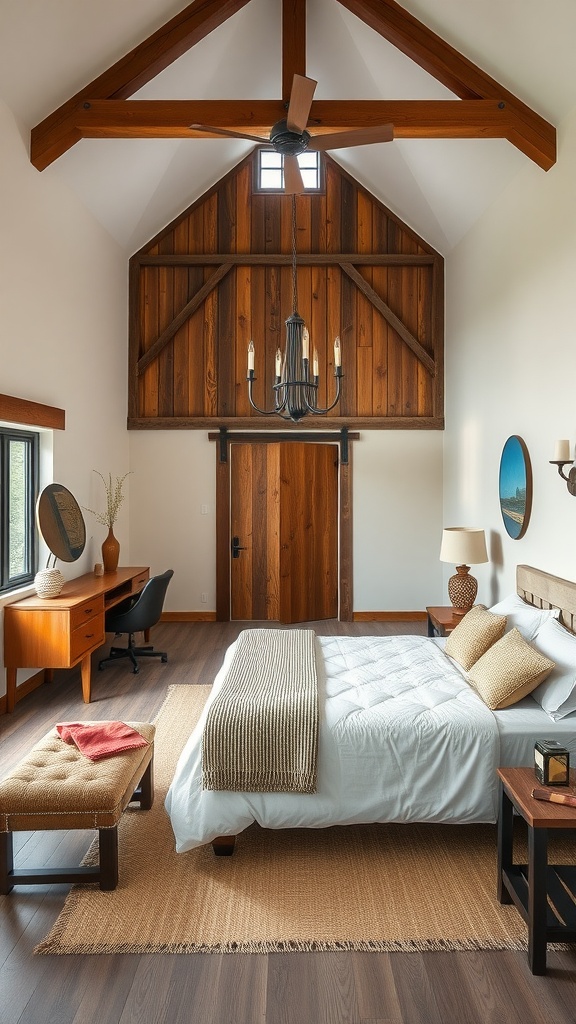 A rustic modern bedroom featuring high wooden beams, a cozy bed, and stylish decor.