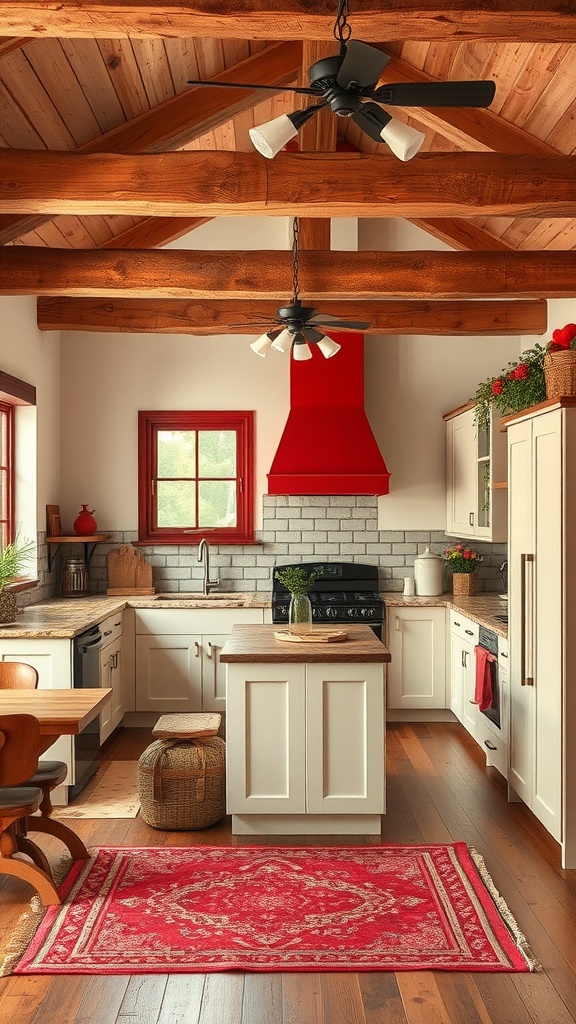 A cozy kitchen featuring rustic red accents and soft beige tones with wooden beams.