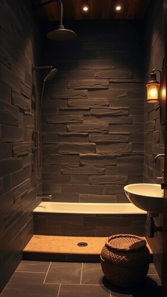 A rustic bathroom showcasing slate stone walls, a white bathtub, and a sink with warm lighting.