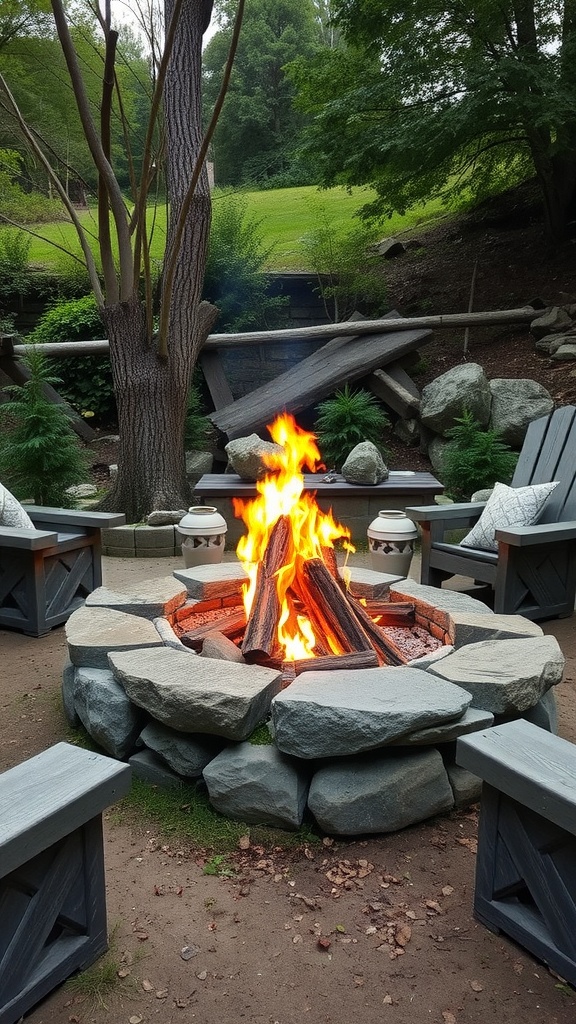 A rustic stone fire pit surrounded by wooden chairs and greenery.