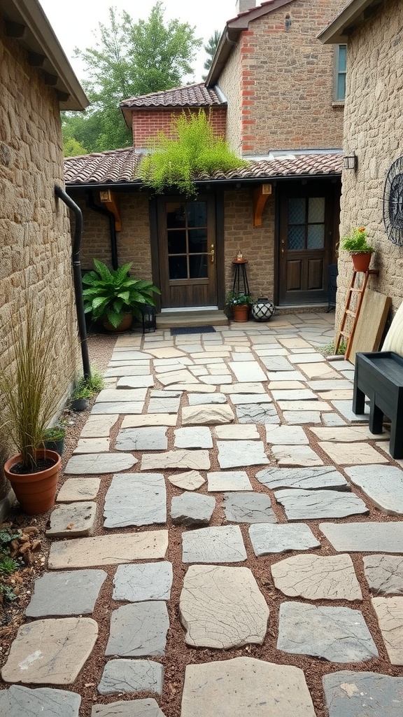 A rustic stone paver patio with a walkway leading to a door, surrounded by greenery and decorative elements.
