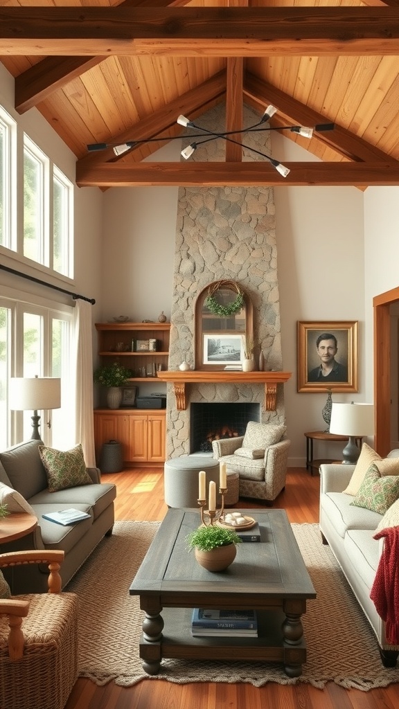 Cozy living room with rustic wood accents, stone fireplace, and natural light