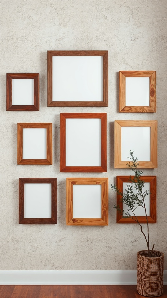 A collection of rustic wooden frames arranged on a wall with a small plant beside them.