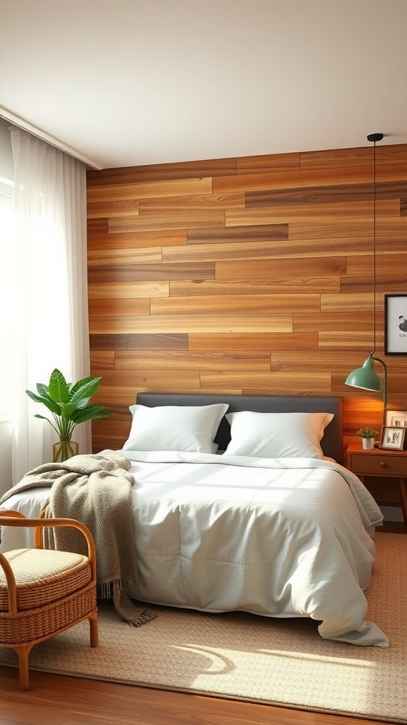 A cozy bedroom featuring rustic wood paneling on the wall, a comfortable bed with soft linens, and a cozy armchair.