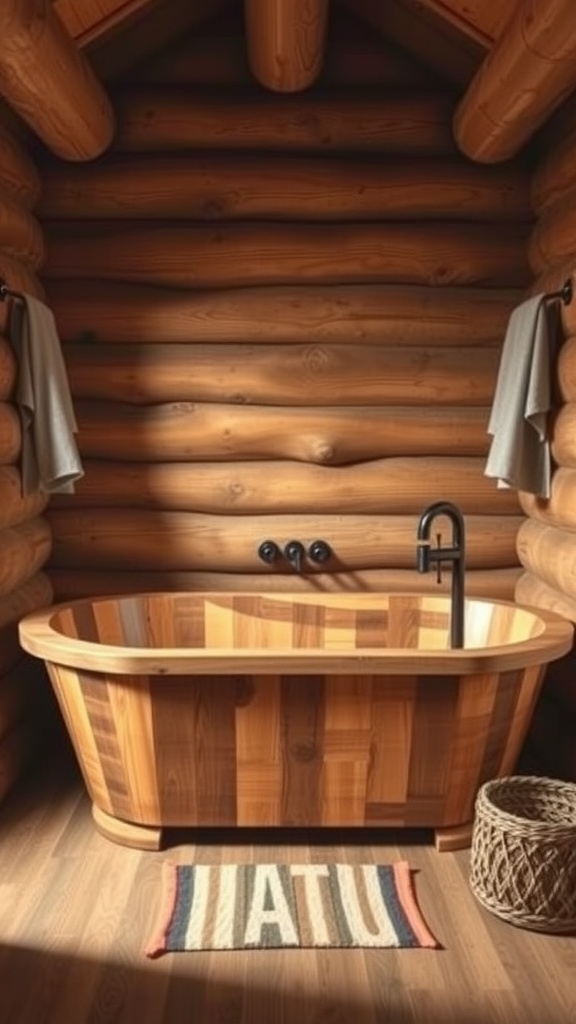A rustic wooden bathtub in a log cabin setting, featuring natural wood tones and modern fixtures.