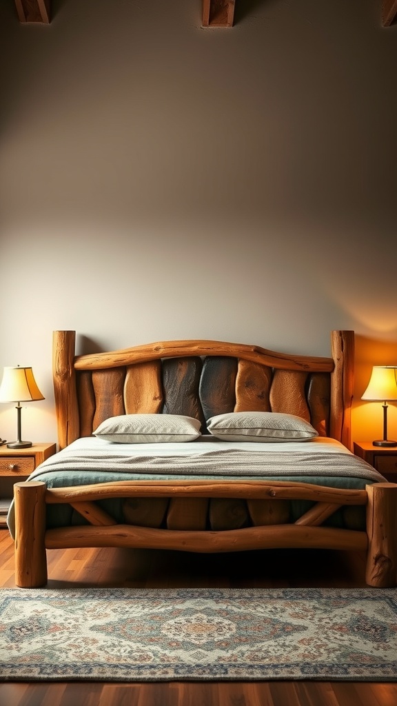 A rustic wooden bed frame with a natural finish, featuring a unique headboard and soft bedding, set in a cozy bedroom with warm lighting.