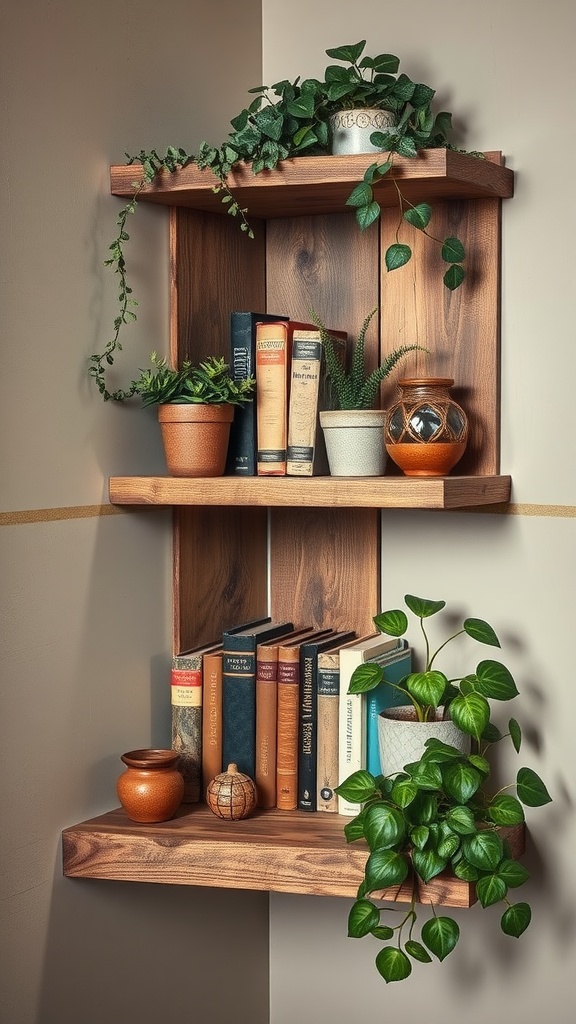 A rustic wooden corner shelf displaying books and potted plants.