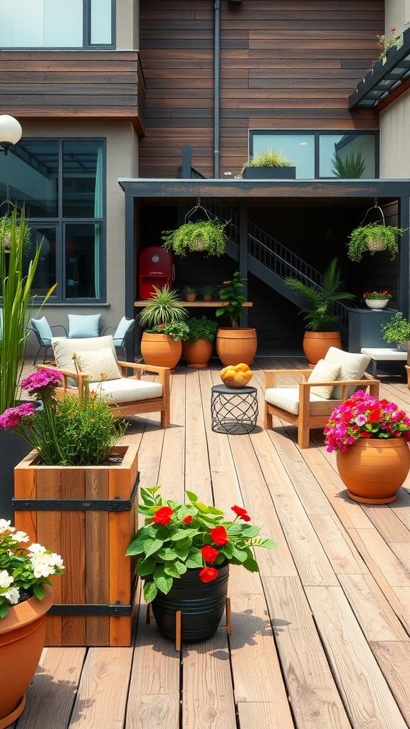 A rustic wooden deck with various planters filled with flowers and greenery, accompanied by comfortable chairs.