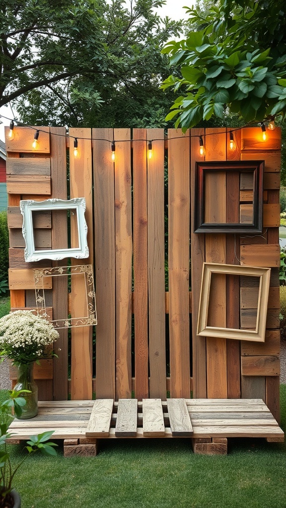 A rustic wooden pallet display with string lights and picture frames, perfect for a wedding backdrop.