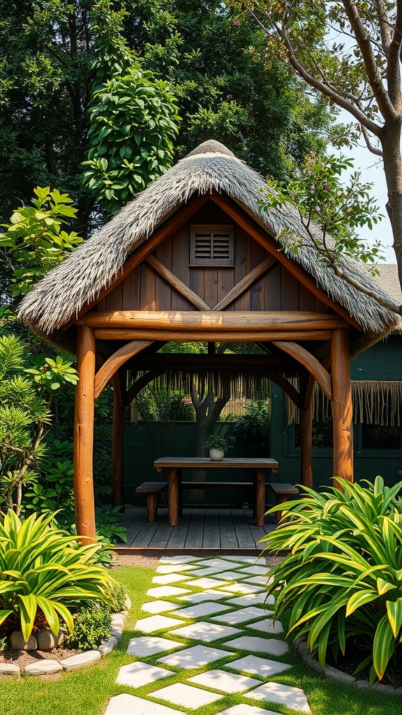A rustic wooden pavilion with a thatched roof, surrounded by lush greenery and a stone pathway.