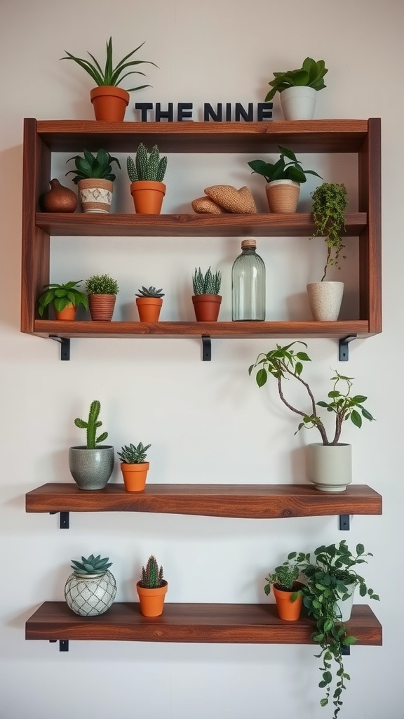 Rustic wooden shelves with various plants in terracotta pots and a glass bottle
