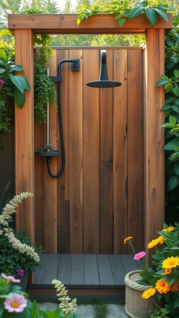 A rustic wooden outdoor shower enclosure surrounded by greenery and flowers.