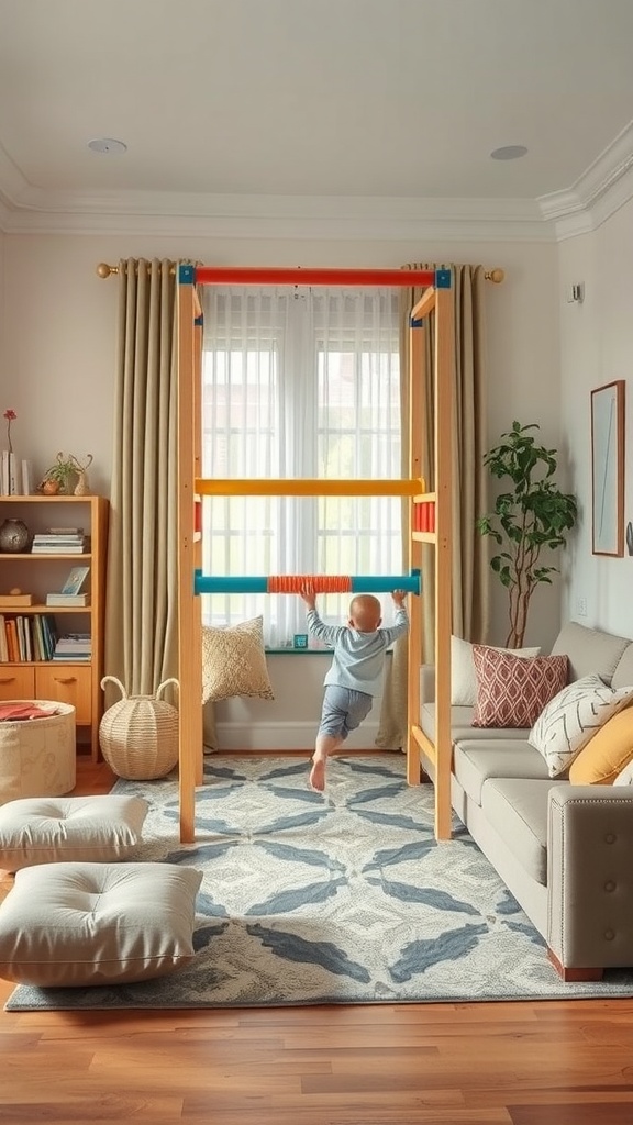 A child playing on a wooden climbing structure in a living room.