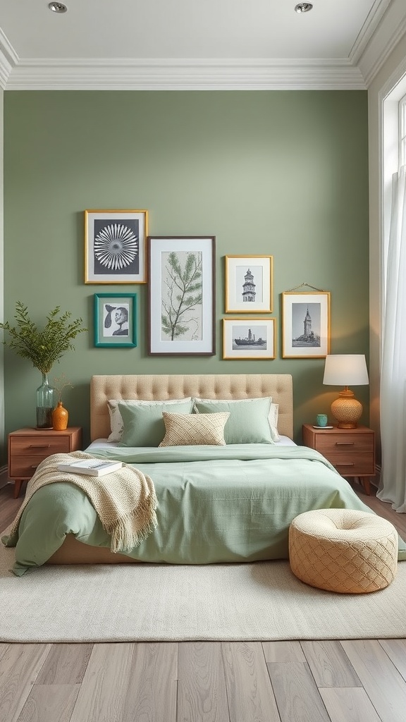 A cozy bedroom featuring a sage green accent wall, a beige upholstered bed, and framed artwork.