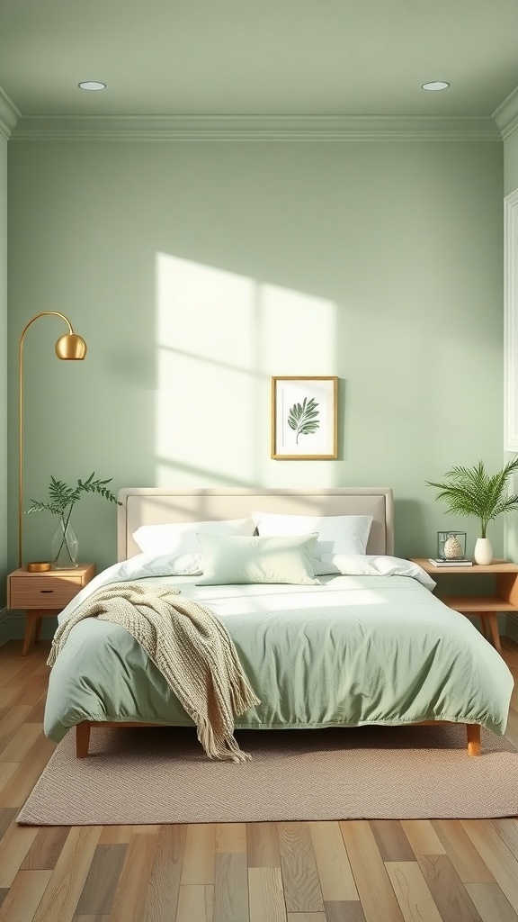 A serene sage green bedroom featuring a soft bed, wooden furniture, and natural light.