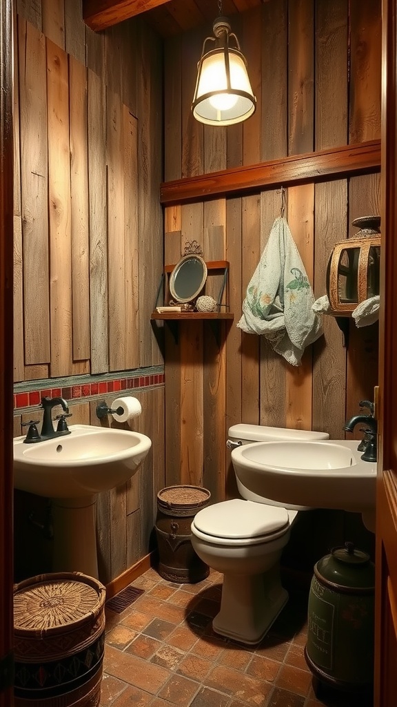 A rustic bathroom with wooden walls, simple fixtures, and decorative elements.