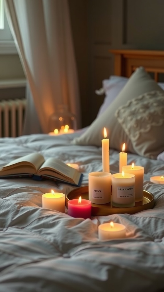 A cozy bedroom setting with various scented candles arranged around a bed, accompanied by an open book.