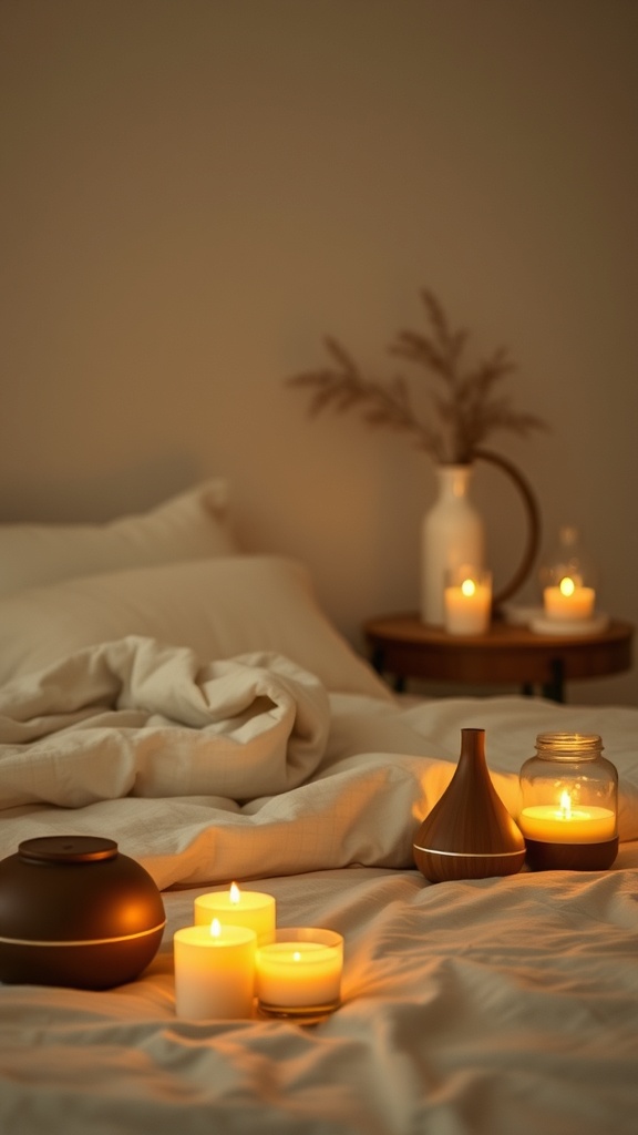 A warm bedroom with scented candles and an essential oil diffuser on the bed.