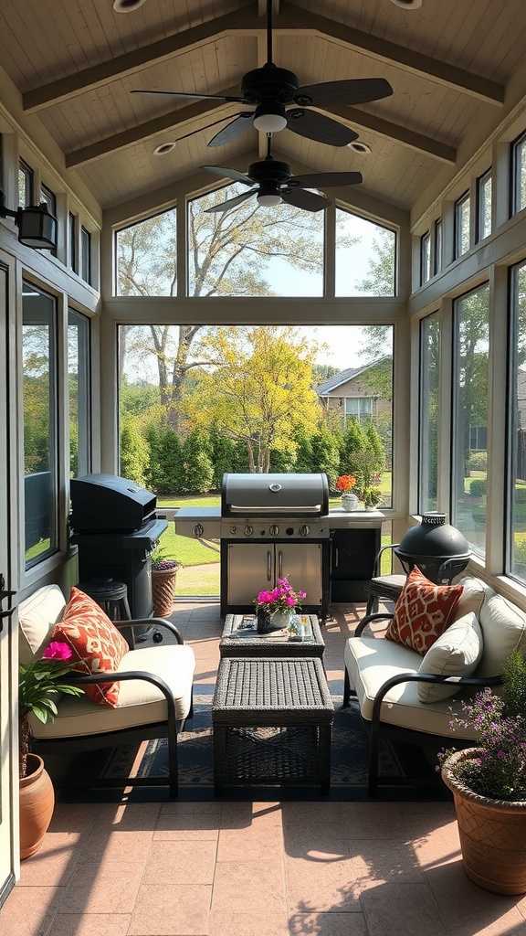A screened-in porch with a BBQ grill, comfortable seating, and plants, surrounded by large windows.
