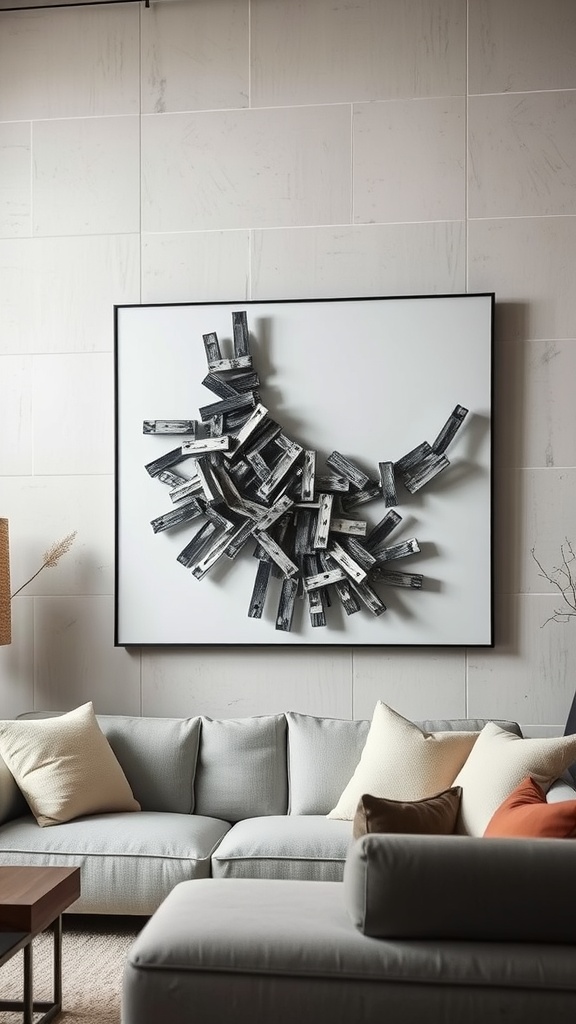 A sculptural wall art piece made of black and white materials above a light gray couch with various cushions.
