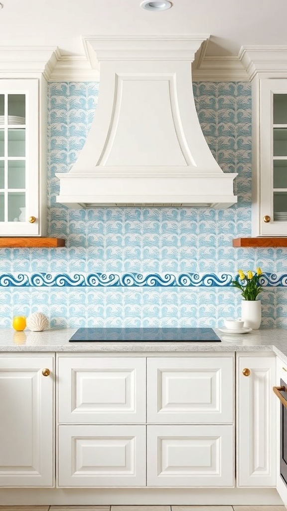 A kitchen with a sea-inspired backsplash featuring blue patterns and white cabinetry.