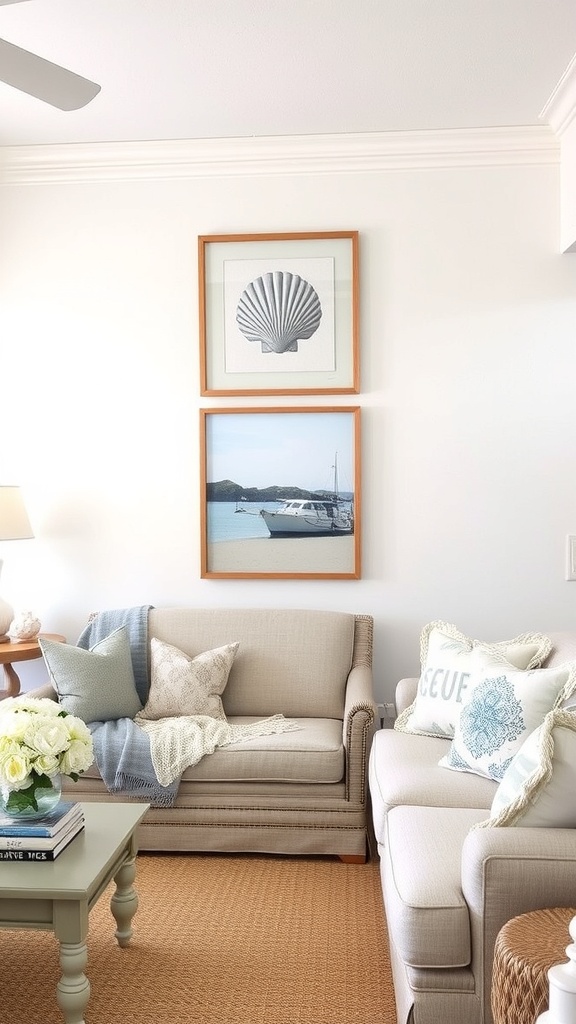 Coastal living room with soft colors, nautical artwork, and cozy textiles.