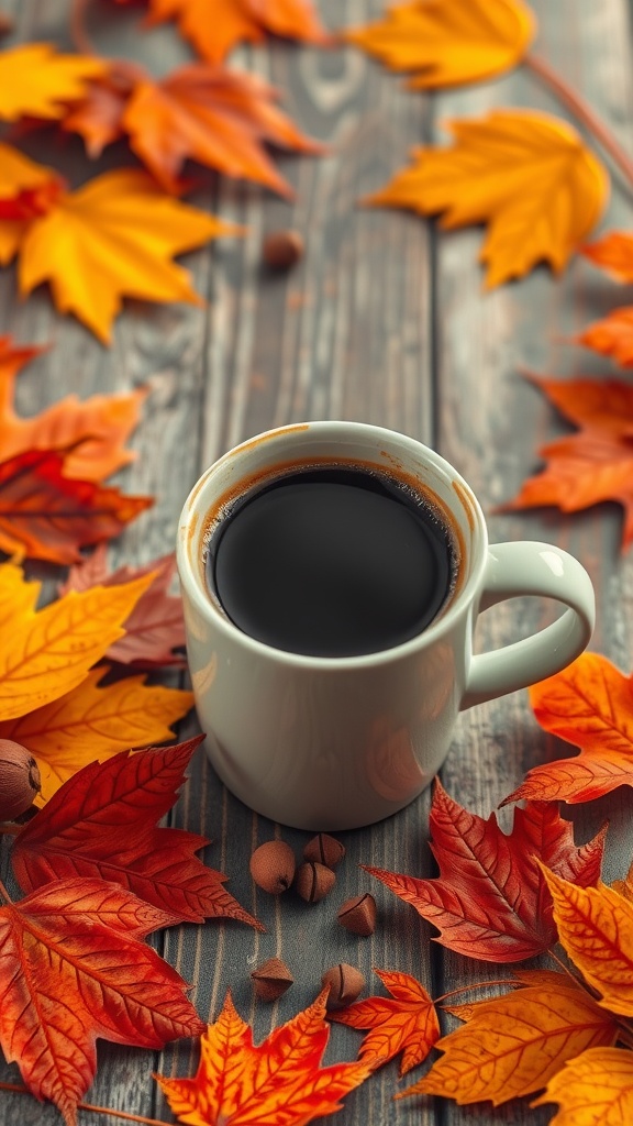 A white coffee cup filled with black coffee surrounded by vibrant autumn leaves on a wooden surface.