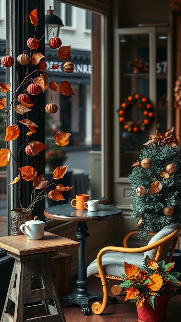 Cozy coffee corner decorated for autumn with orange and red leaves, a small table with coffee cups, and seasonal decor.