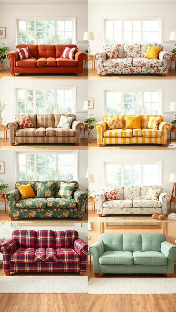 Different couch covers representing seasonal designs and colors.