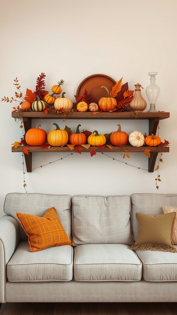 A cozy living room with a shelf decorated with pumpkins and autumn leaves above a light grey couch.