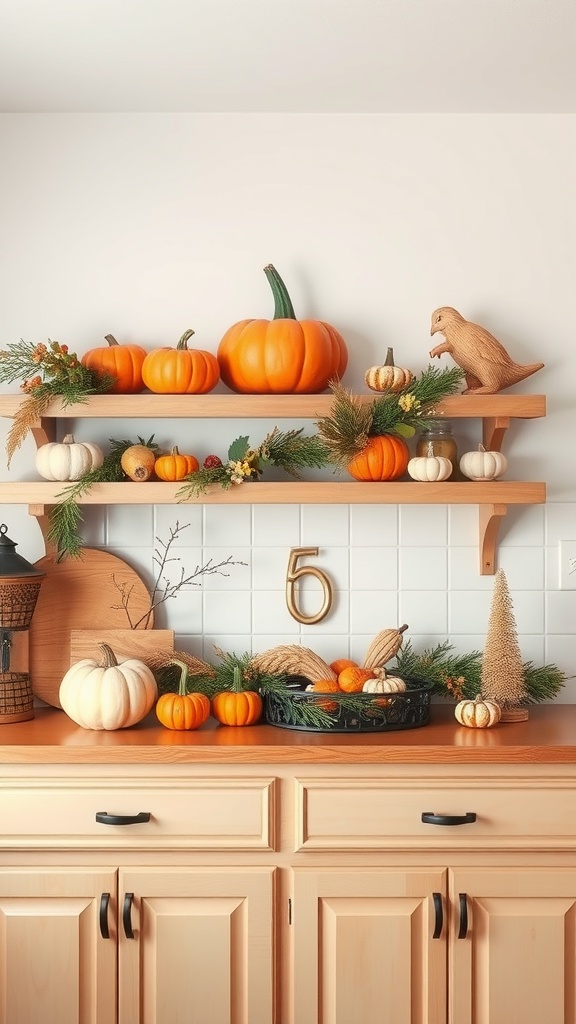 A kitchen shelf decorated with pumpkins, greenery, and a wooden dinosaur figurine for fall.