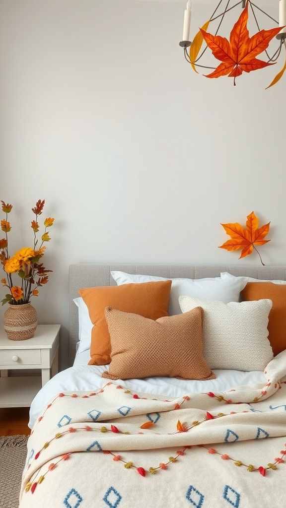 A cozy bedroom with warm colors, featuring pillows, a patterned blanket, and autumn leaves.