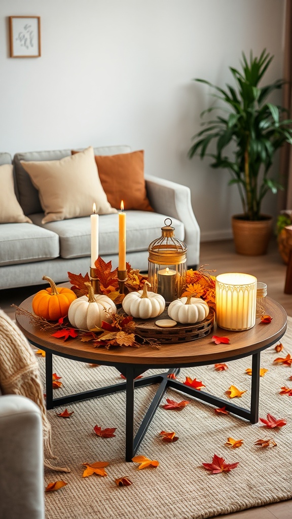 A round coffee table decorated for autumn with leaves, pumpkins, and candles.