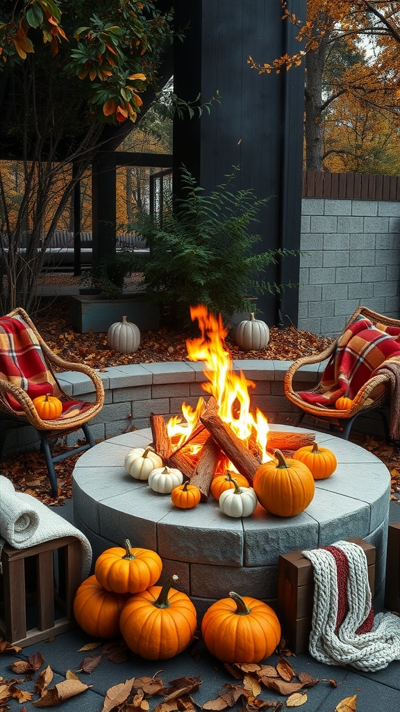 A cozy fire pit surrounded by pumpkins and warm seating in an autumn setting.