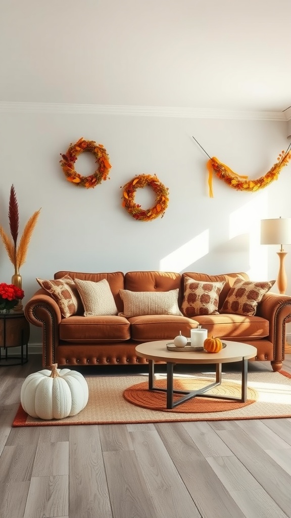 Cozy living room featuring a brown sofa adorned with fall decorations, including wreaths and pumpkins.