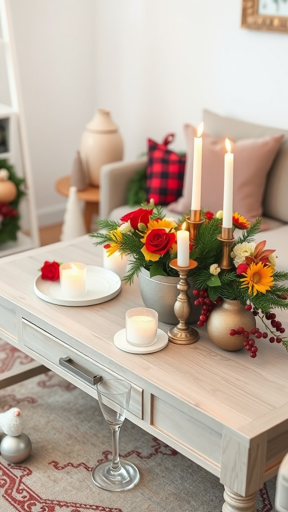 A festive coffee table arrangement with flowers, candles, and decorative accents