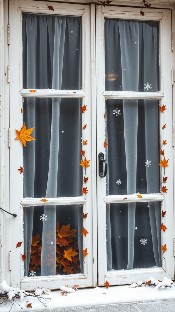 Cafe curtains with snowflakes and autumn leaves, showcasing seasonal decor.