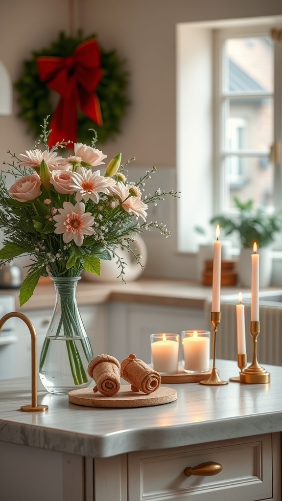 A kitchen counter decorated with fresh flowers in a vase, candles, and a festive wreath.
