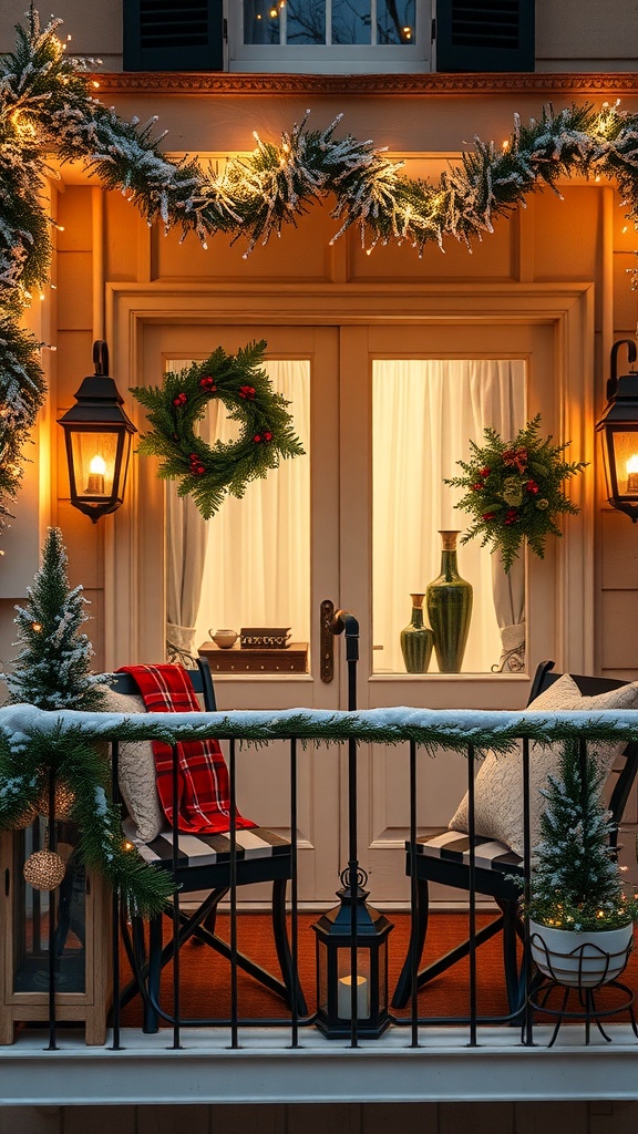 A cozy closed balcony decorated for winter with greenery, lights, and lanterns.