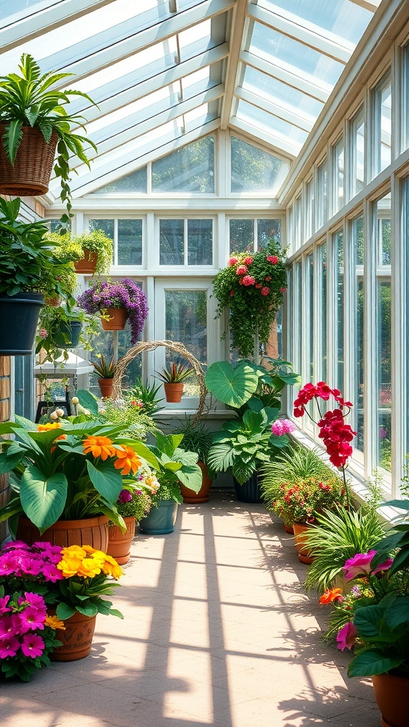 A bright and vibrant greenhouse corner filled with various potted plants and flowers.