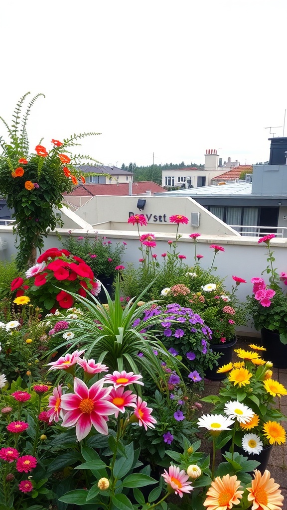 A colorful rooftop garden filled with various blooming flowers in pots.