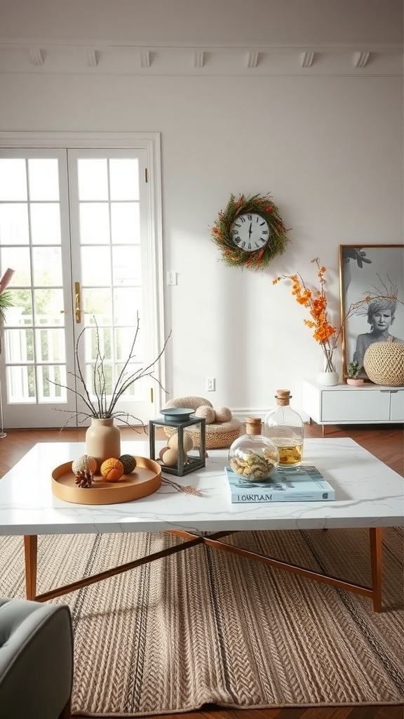 A marble coffee table styled with seasonal decor, including autumn flowers, pinecones, and a vase.