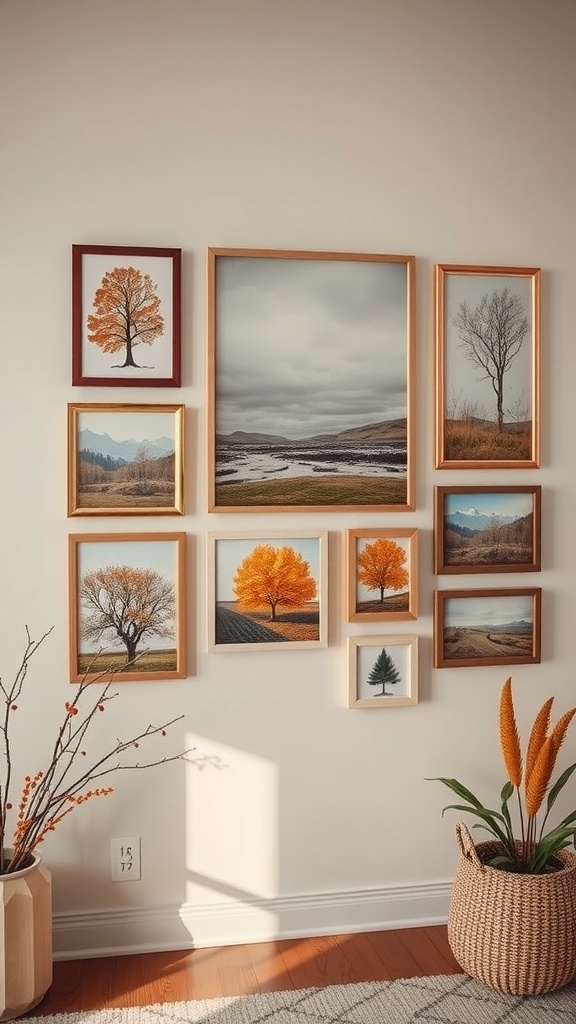 A wall decorated with framed photos of trees in autumn colors, showcasing a seasonal theme.