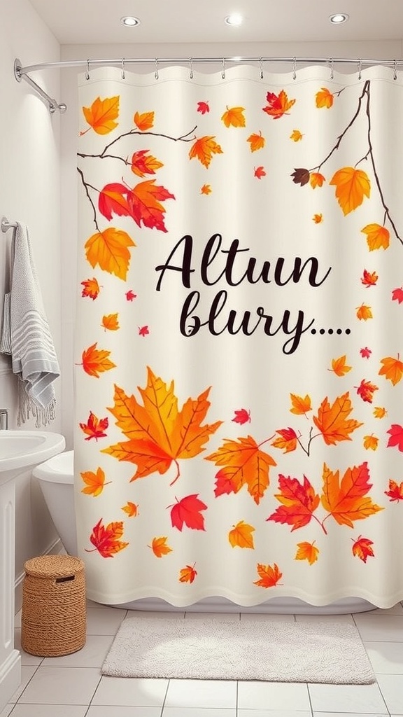Autumn-themed shower curtain with colorful leaves