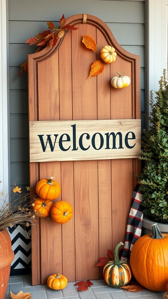 A seasonal welcome sign with autumn leaves and pumpkins, creating a cozy entrance decor.