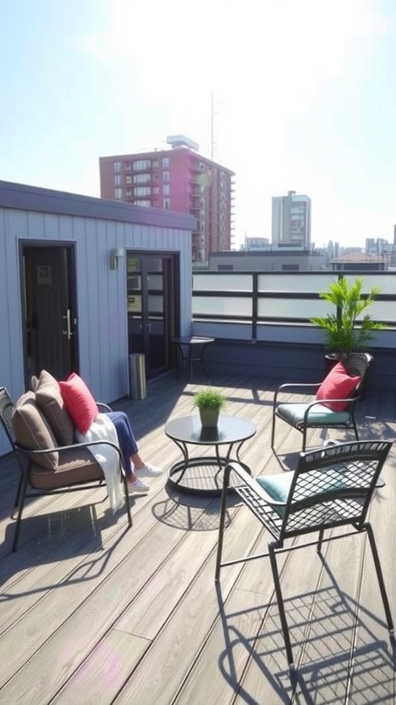 A rooftop patio with comfortable seating and a small table, surrounded by city buildings.